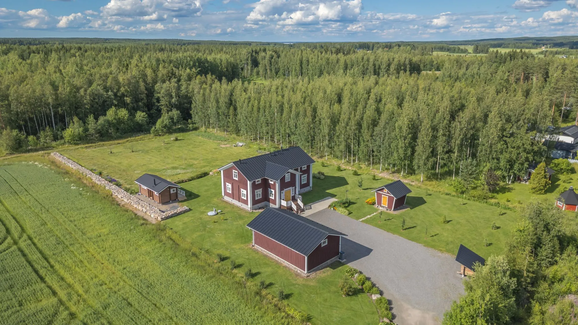 Ilmakuva punaisesta maalaistalosta ja metsästä kesällä
